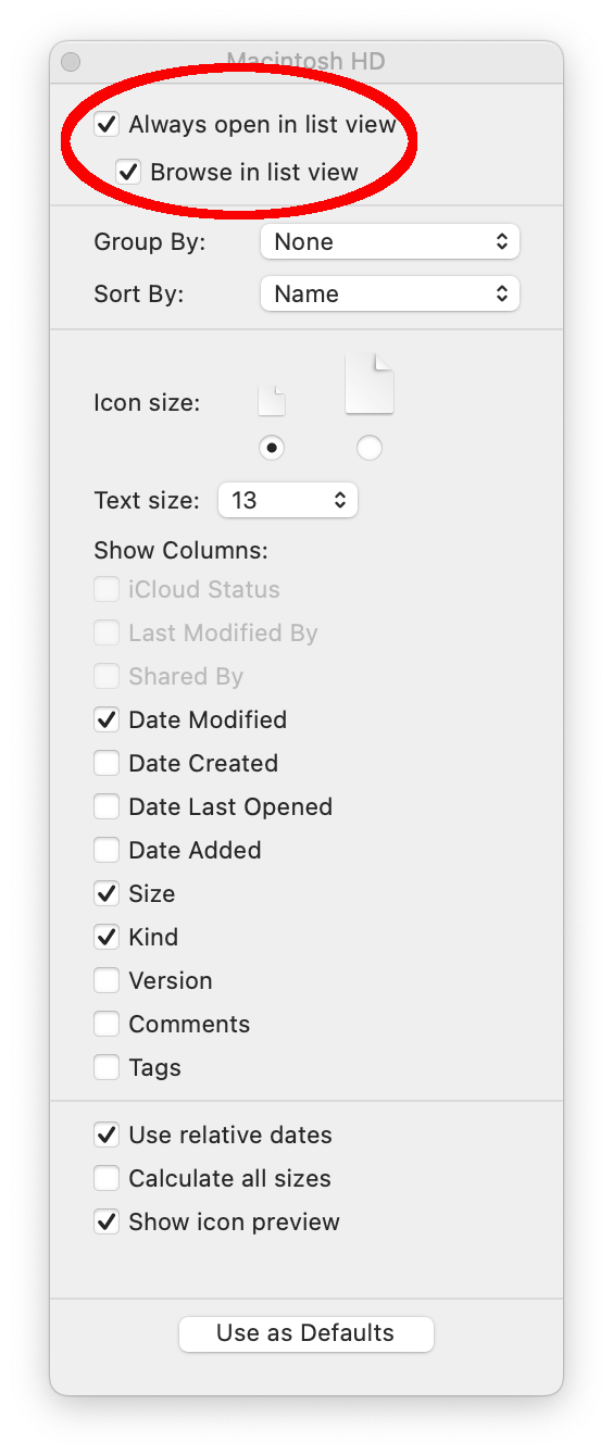Window showing view options when command-J has been issued