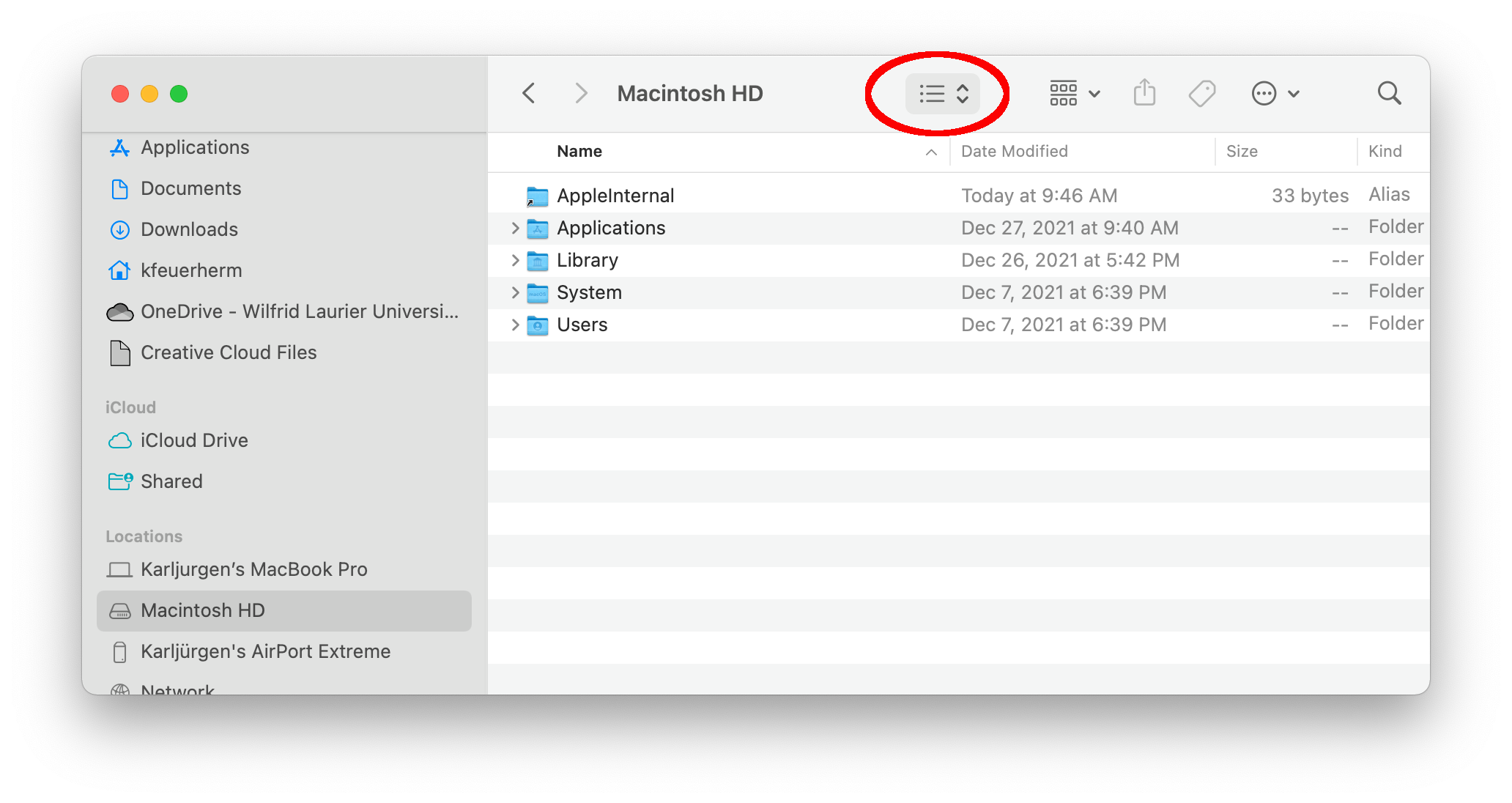 Finder window for the hard drive with focus on the list view selection