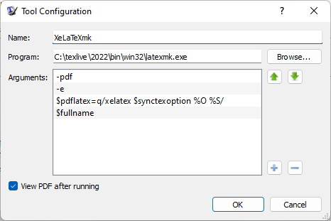 The configuration details for a xelatexmk run