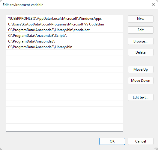 Shows the environment variables required to locate the conda command